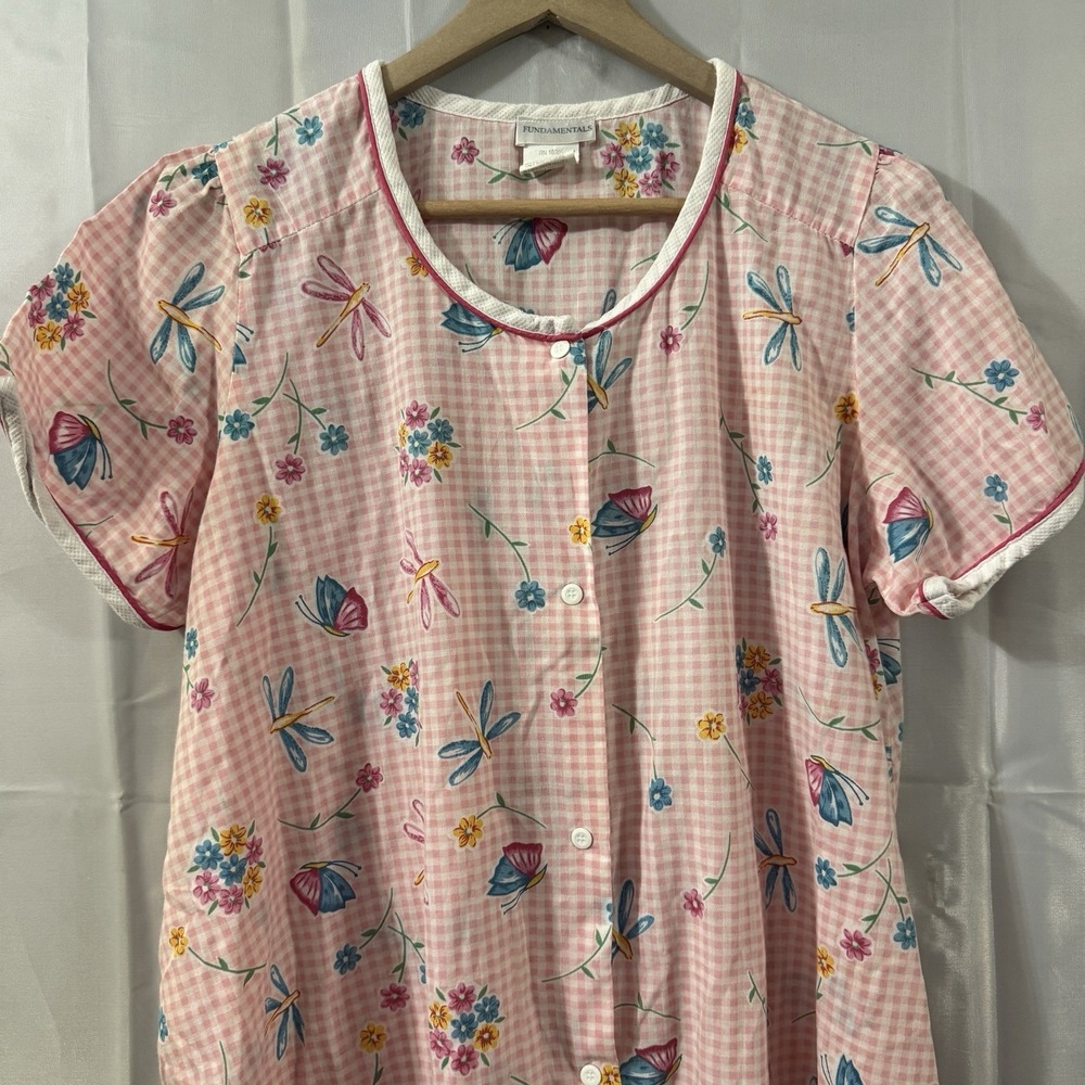 Fundamentals Woman L House Coat Robe Zip Up Pink Check Floral Pockets Nightgown